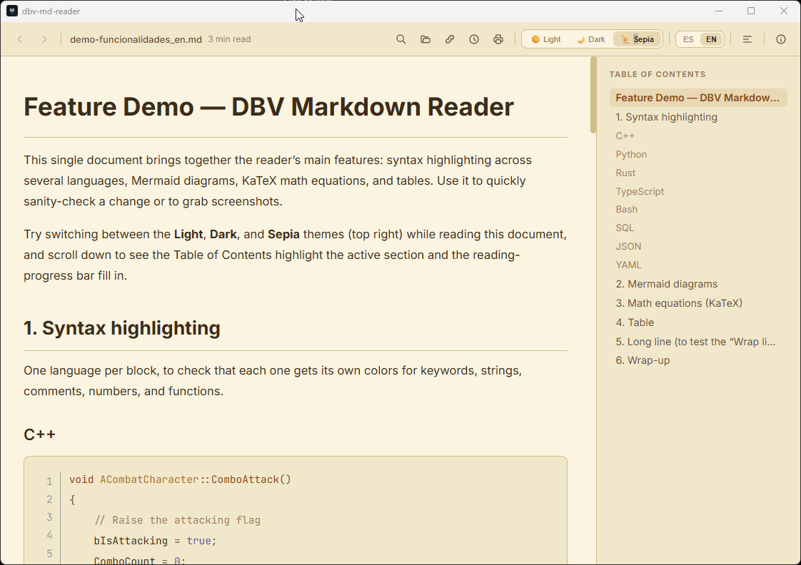 Demo animada de dbv-md-reader: resaltado de sintaxis con color real, cambio entre temas Claro/Oscuro/Sepia y navegación por la Tabla de Contenidos