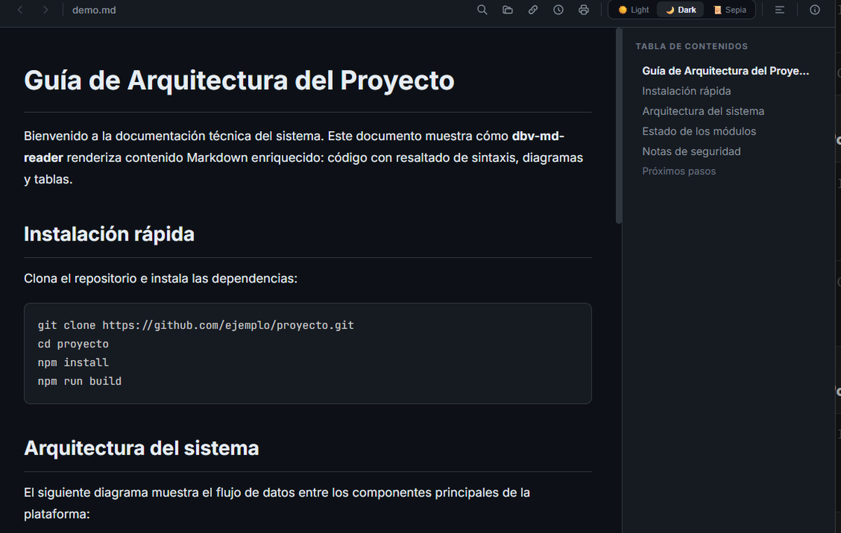 dbv-md-reader mostrando un documento Markdown en tema oscuro, con tabla de contenidos y bloque de código resaltado
