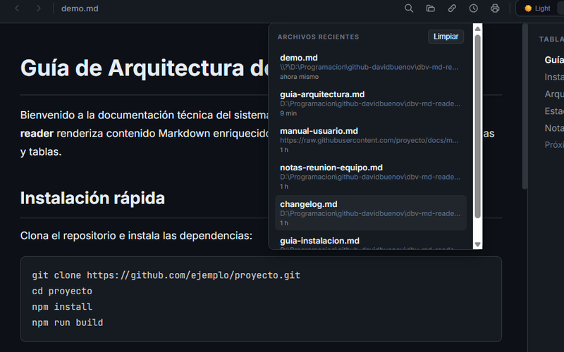 Panel de Archivos Recientes de dbv-md-reader