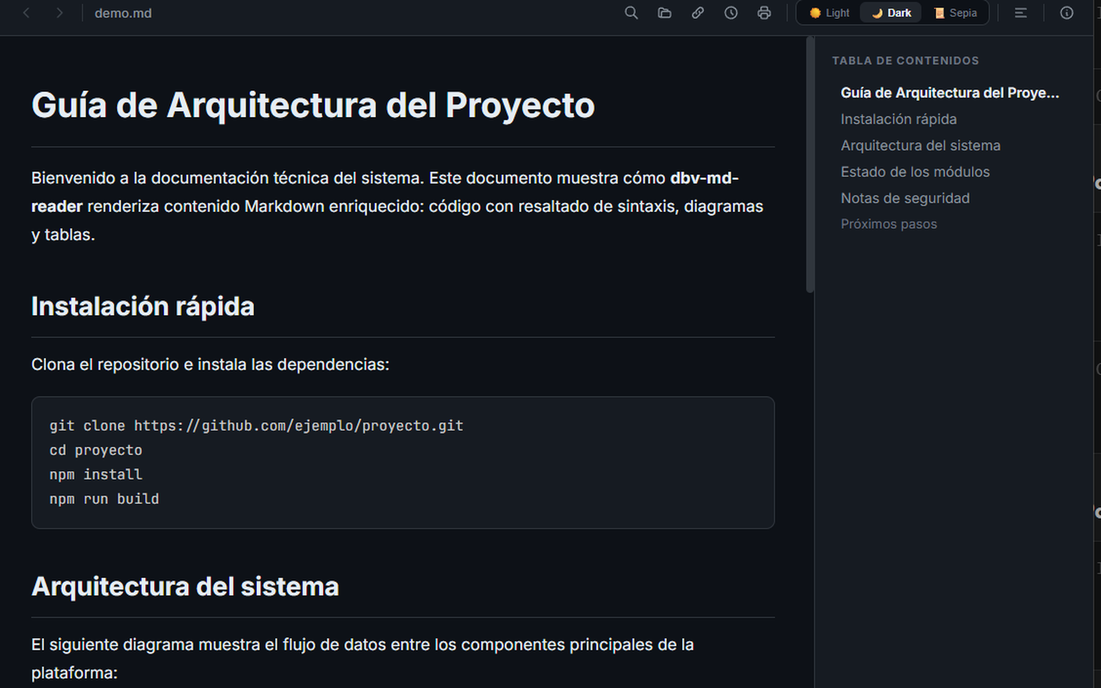 dbv-md-reader en tema oscuro