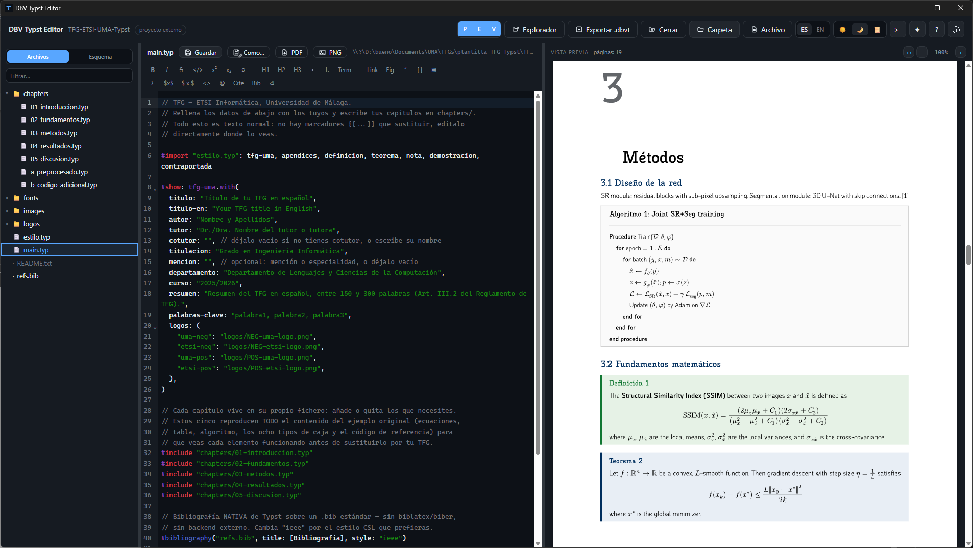 DBV Typst Editor — Real-time workspace with Typst code editor and live PDF thesis preview