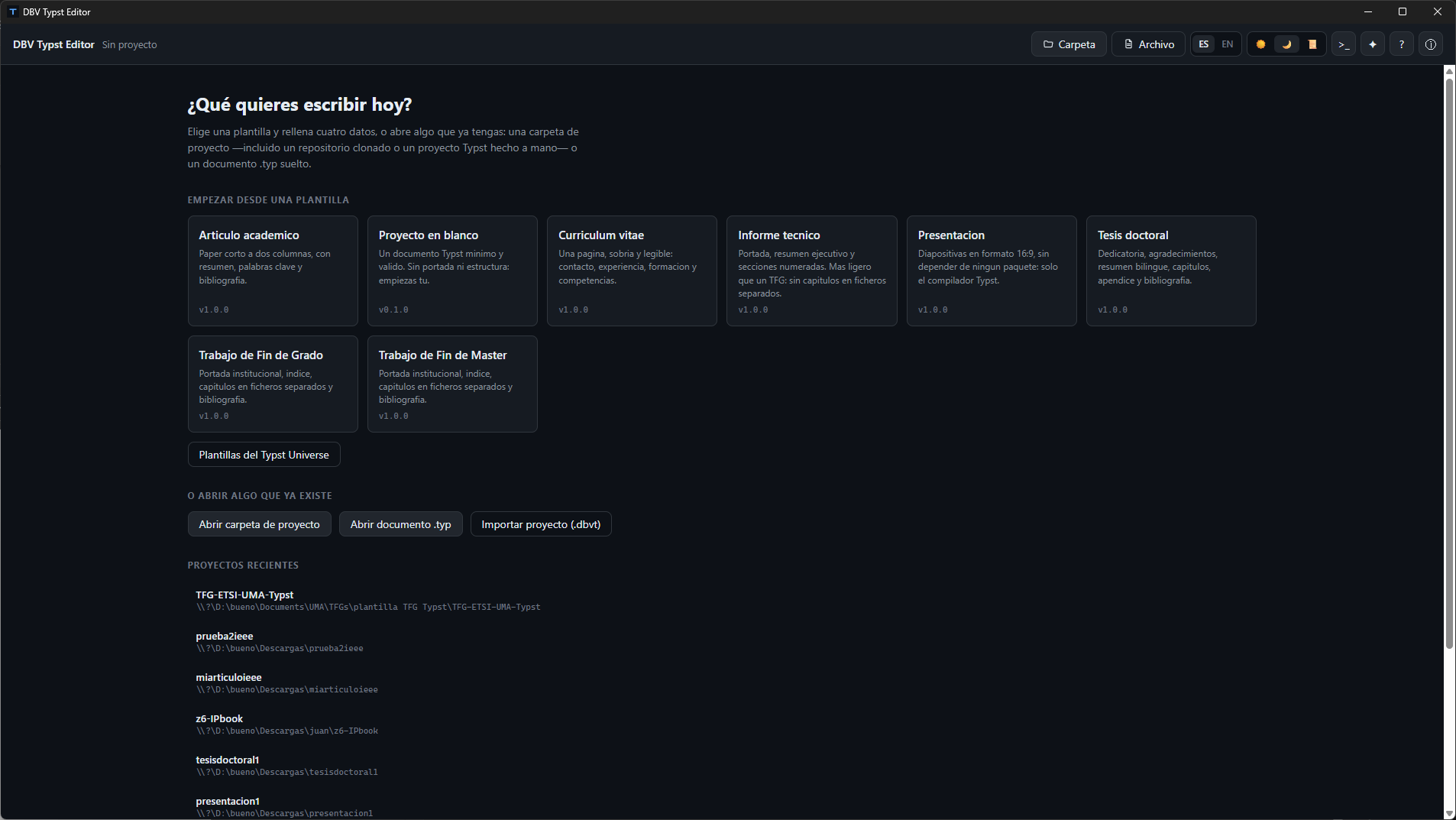 Task launcher with 8 academic templates in Dark theme