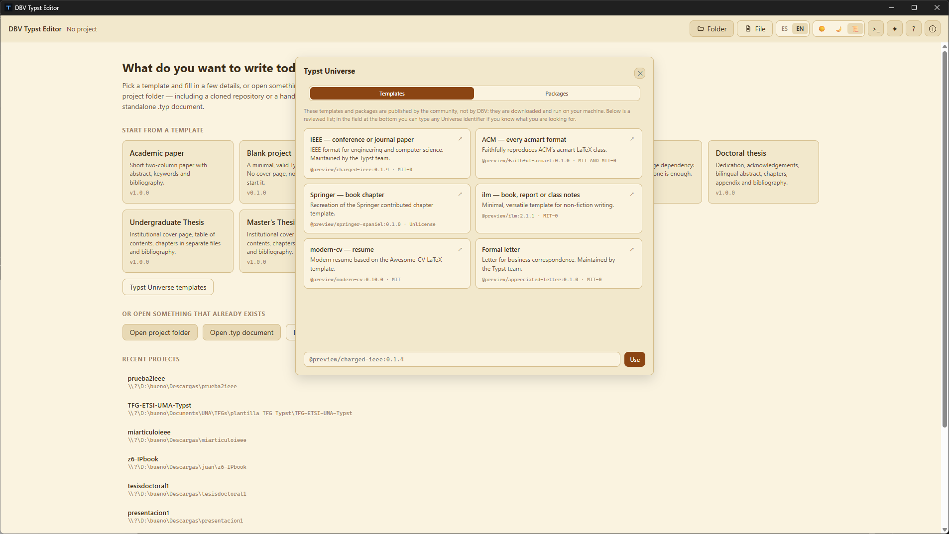 Typst Universe community templates (IEEE, ACM, Springer...)