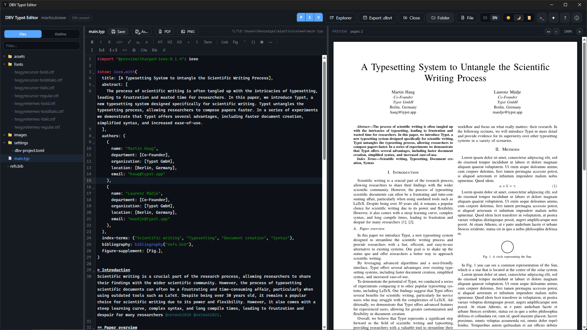 Project file tree with self-contained typefaces in fonts/ directory