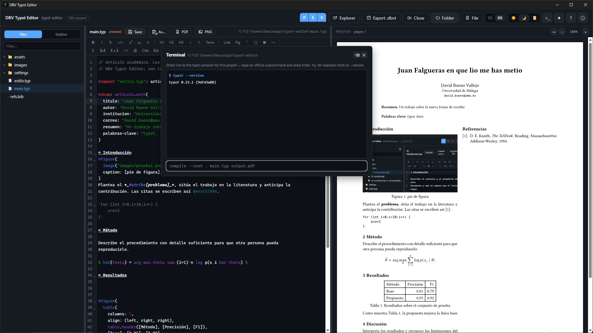 Integrated floating CLI terminal running Typst compiler commands