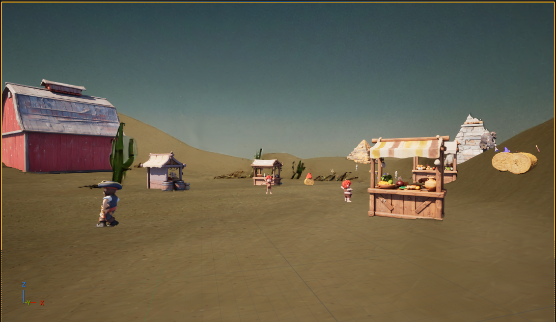Viewport de Unreal Engine 5.8 con el nivel poblado por más de 30 objetos y personajes colocados por la IA